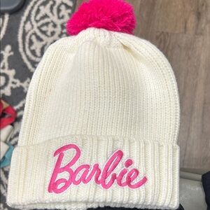 Barbie Cream Knit Hat with Pink Pom Pom